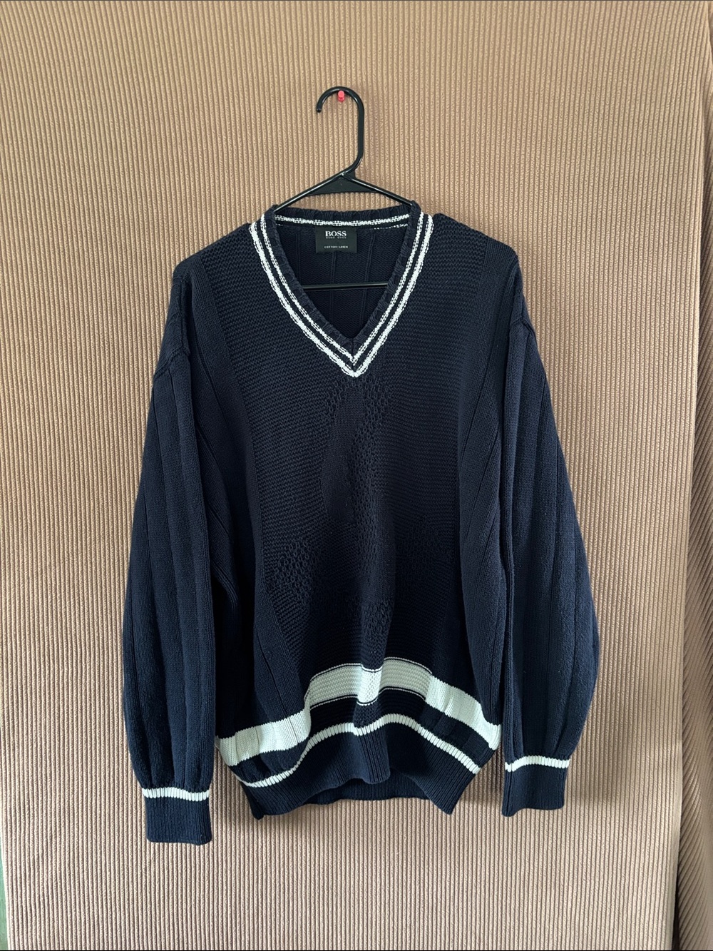 Boss Navy V-Neck Sweater with White Stripe Accents